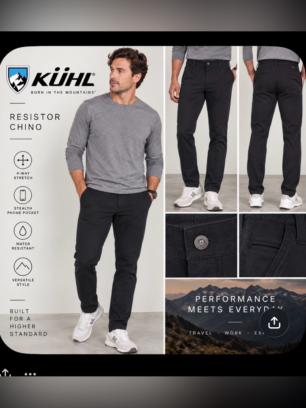 KÜHL Resistor Chino Pants Men’s 35x32 Black Stretch Hiking Travel